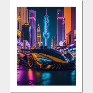 Dark Neon Sports Car in Japanese Neon City Posters and Art